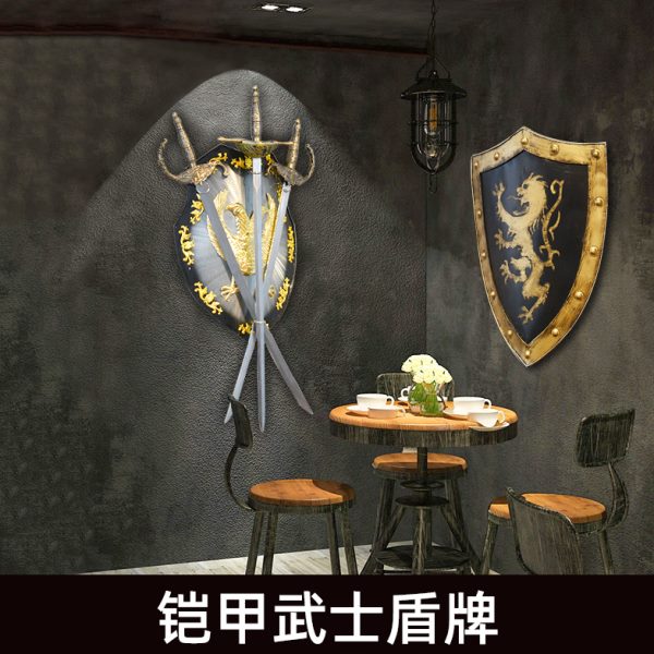 复古铁艺武士盔甲铠甲骑士盾牌酒吧餐厅咖啡厅墙面装饰创意挂件