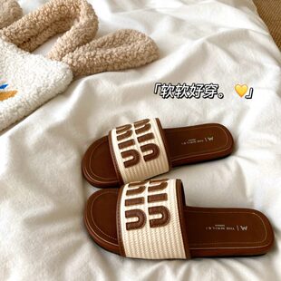 编织风 法式 夏天凉拖鞋 女外穿慵懒编织 透气度假ins一字沙滩拖鞋