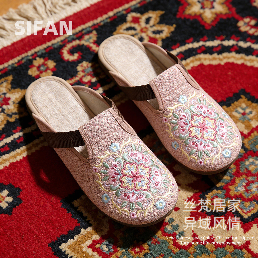丝梵绣花勃肯汉服鞋四季亚麻拖鞋国风民族风防滑可外穿刺绣包头女