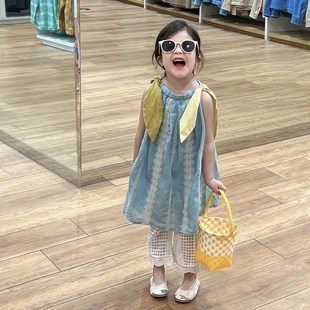 2024春夏季新款儿童r海边度假风吊带裙女童休闲镂空洋气裤子套装