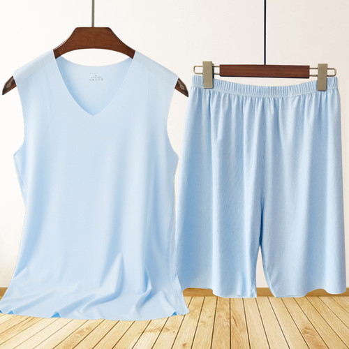 男士冰丝无痕睡衣套装条纹背心5C分短裤两件套夏天休闲家居空调服