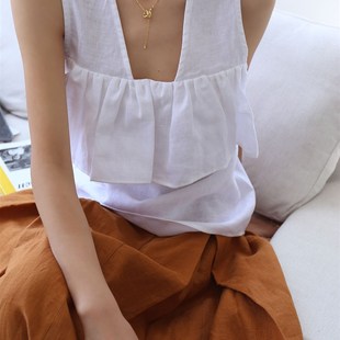 上衣女夏 浪漫荷叶边纯色亚麻背心简约百搭无袖 牛X货 a巨炸裂法式