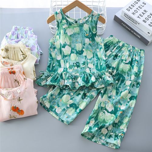棉绸女童套装夏季人造棉家居y服儿童睡衣洋气阔腿裤两件套空调服