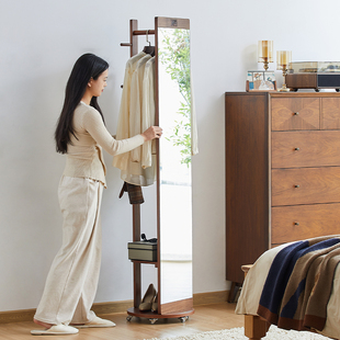 实木穿衣镜高清旋转全身镜落地镜带收纳柜挂衣架一体卧室家用衣架