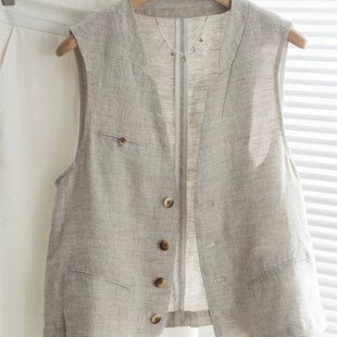 坎肩薄款 夏季 洋气时髦棉麻马夹外套上衣 f马甲背心女款 亚麻V领西装