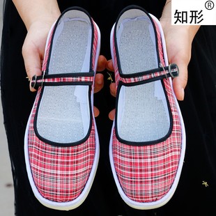 2021年手工上线m棉布女士格子布花鞋 复古文艺浅口舞蹈平底工作黑