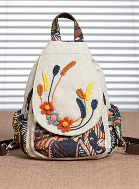 民族风百搭双肩包小众女式背包编织文艺帆布棉麻包复W古休闲汉服