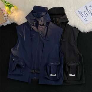 夏季 马n甲纯色连帽日系复古户外百搭休闲宽松坎肩背 帅气机能工装