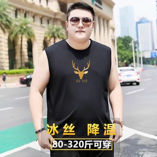 男T恤 背心加肥大尺码 夏季 宽松坎肩砍袖 潮 冰丝t弹力薄款 胖子无袖