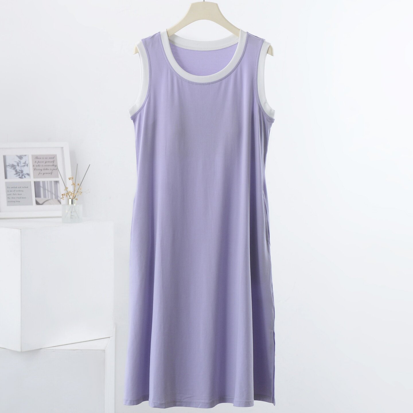 春夏兰精棉感撞色圆领家居服带胸睡裙