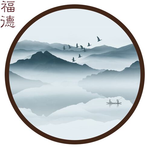 面圆形半纱画屏风画布定制乔其纱画布山水鸟九鱼图