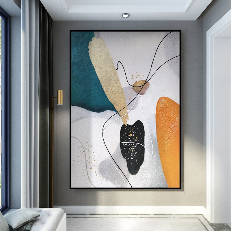 抽象入户玄饰画现代竖挂画大气走廊过道橙色时尚油画