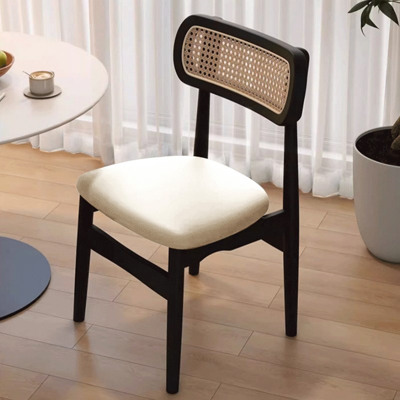 实木餐椅家用中古风餐厅餐桌椅法式复古藤编椅子软包木质凳子靠背