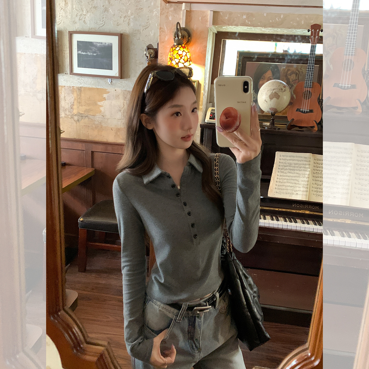 韩系polo领设计感纽扣长袖T恤女秋季新款小众气质修身打底衫上衣