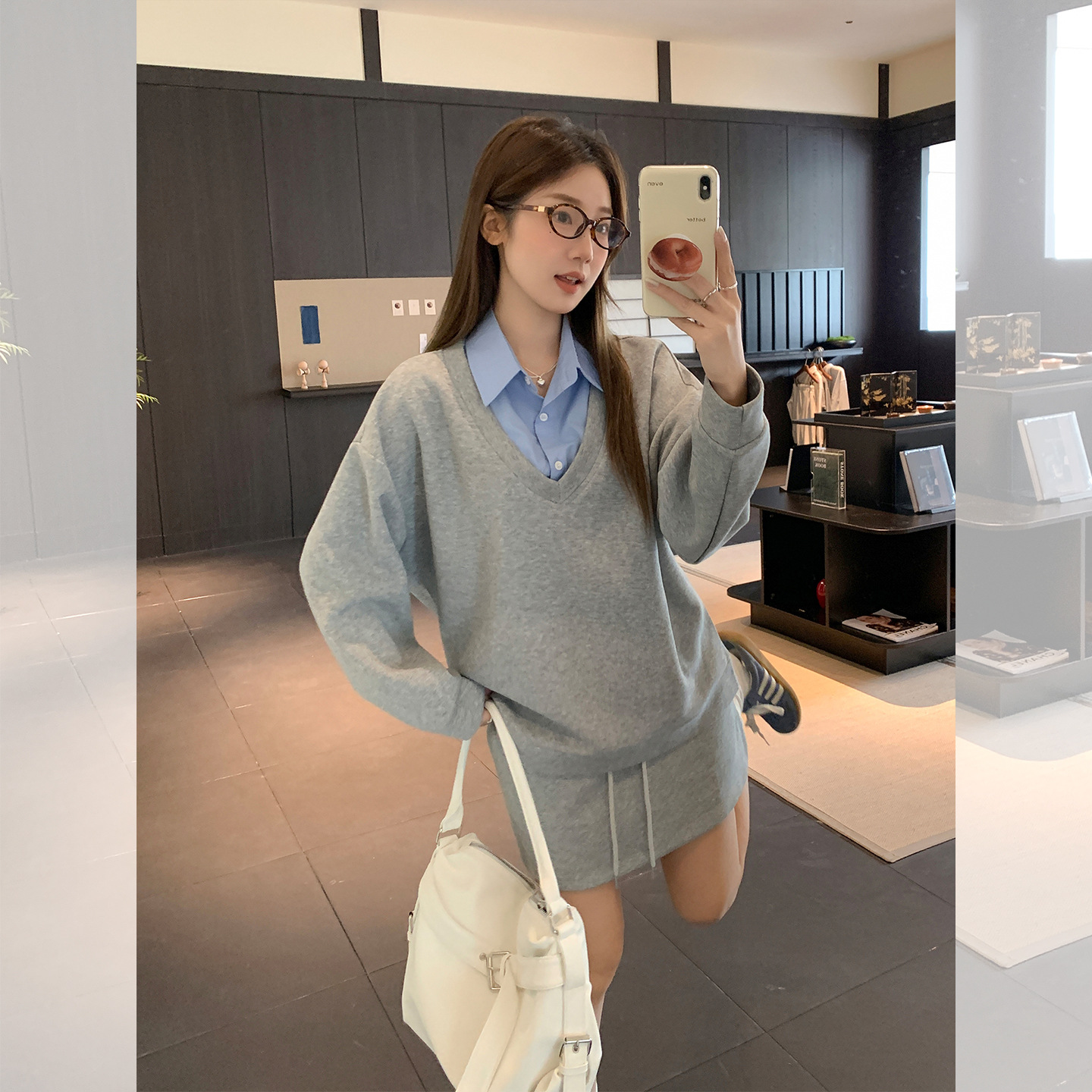 学院风假两件设计感V领长袖卫衣女2025秋季新款小众宽松休闲上衣