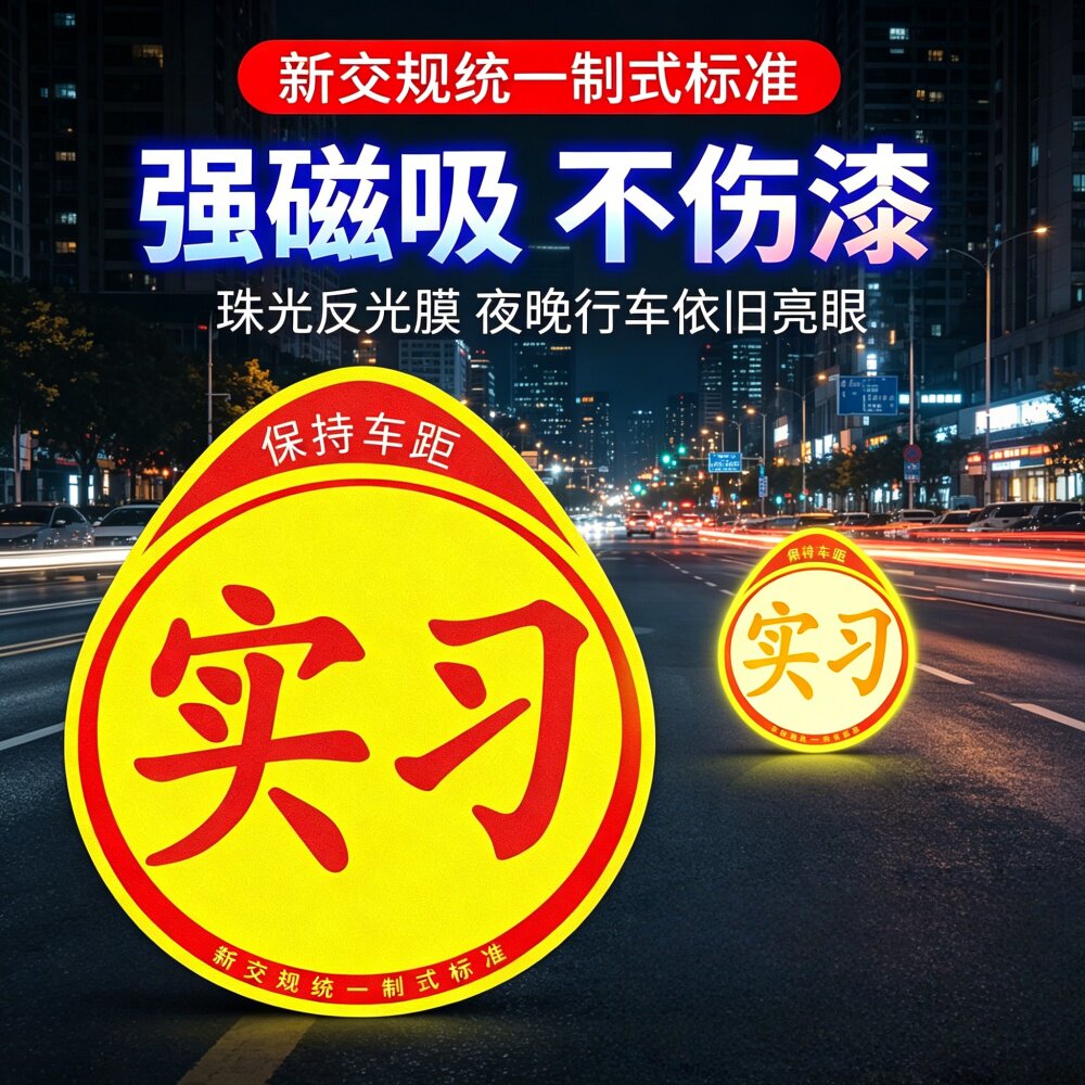实习车贴磁性新手上路女司机汽车贴纸反光贴警示实习标语磁吸标志