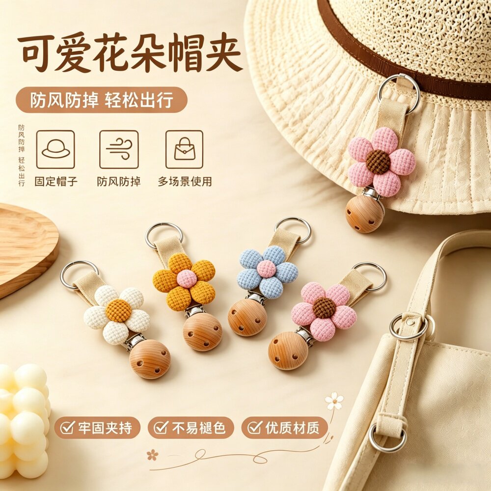 花朵小熊夏天出行帽夹旅行太阳帽遮阳帽挂夹挂包包连接帽子挂夹