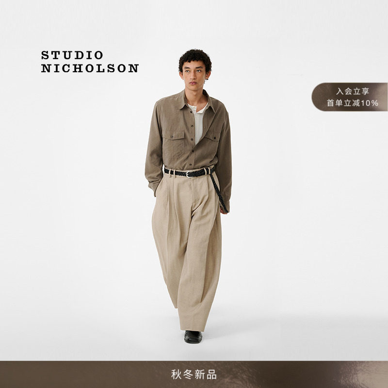 STUDIO NICHOLSON男士LINE亚麻混纺双褶阔腿裤图片