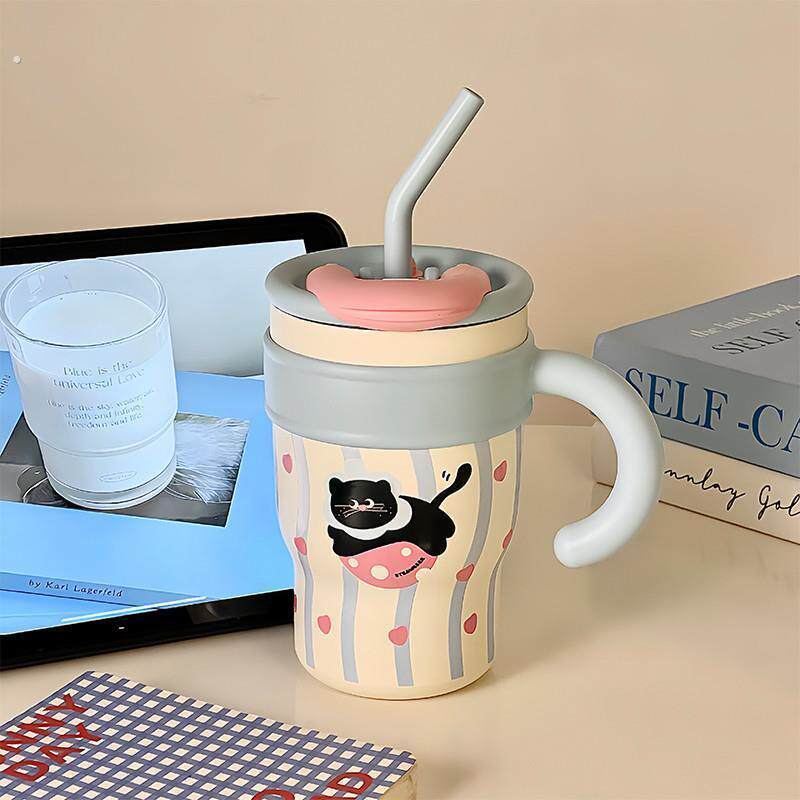 可爱吸管杯手柄办公室桌面保温保冷大容量女生高颜值水杯子带把手