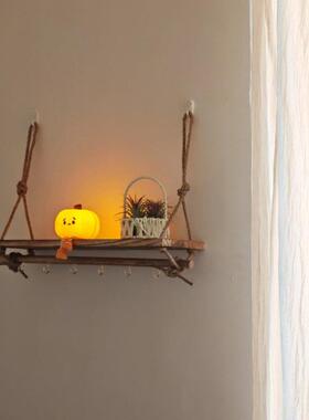 木质置物架客厅壁挂式免打孔麻绳玩偶收纳架客厅卧室氛围装饰架