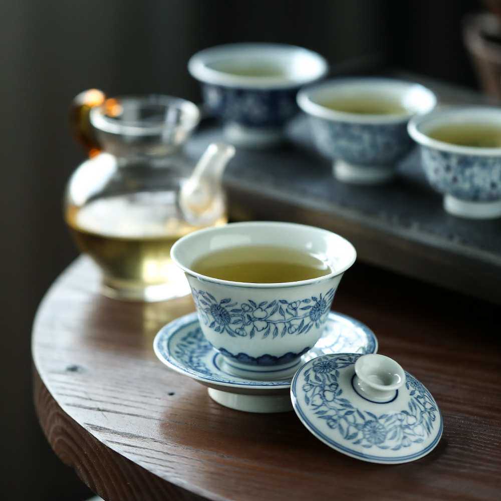 晴先生柴窑青花折枝寿桃三才盖碗岩茶小盖碗手工手绘宣德仿古青花