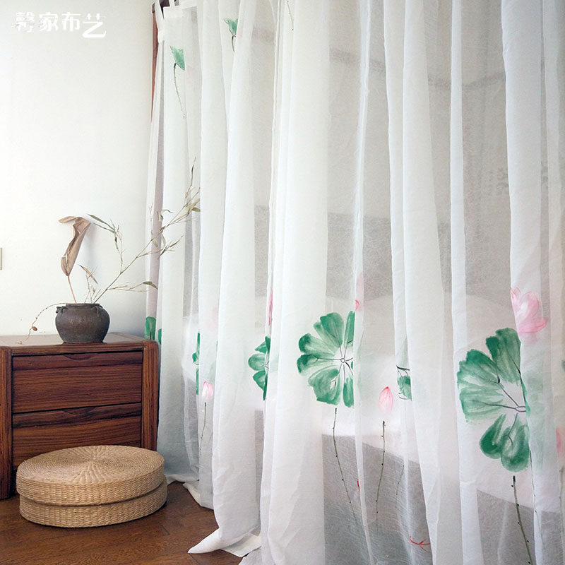 新手绘荷花古典月牙新中式仿古架子床四柱床蚊帐顶部防尘床幔定制