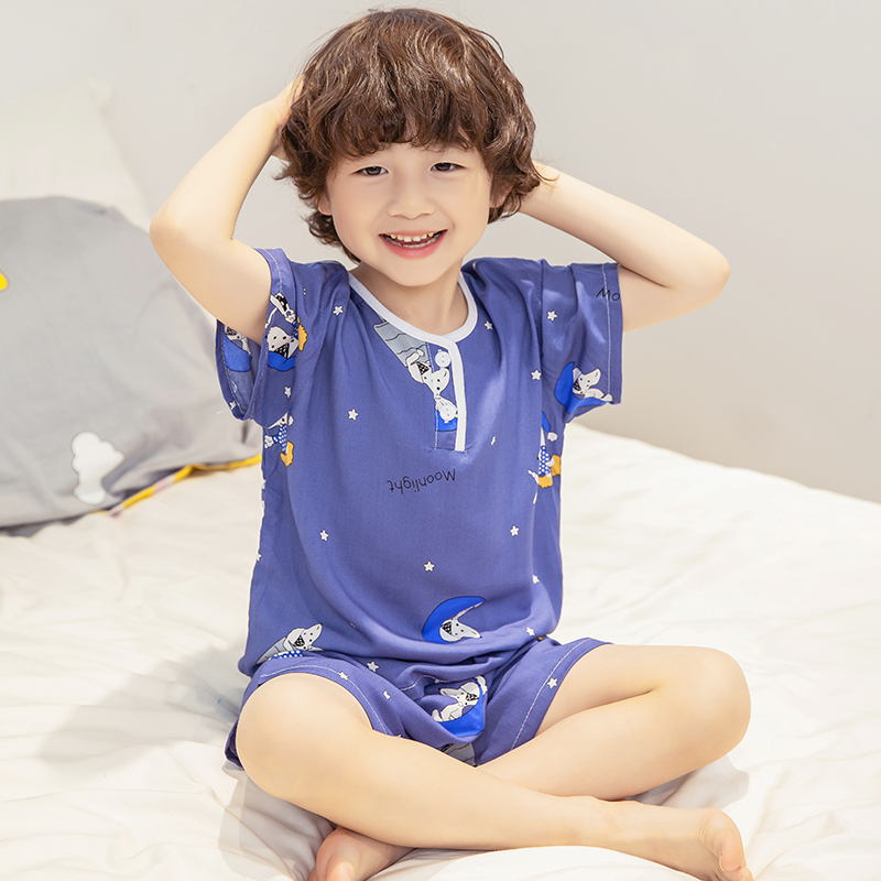 夏季睡衣男童女孩短袖短裤绵绸宝宝家居服棉绸空调服儿童卡通套装