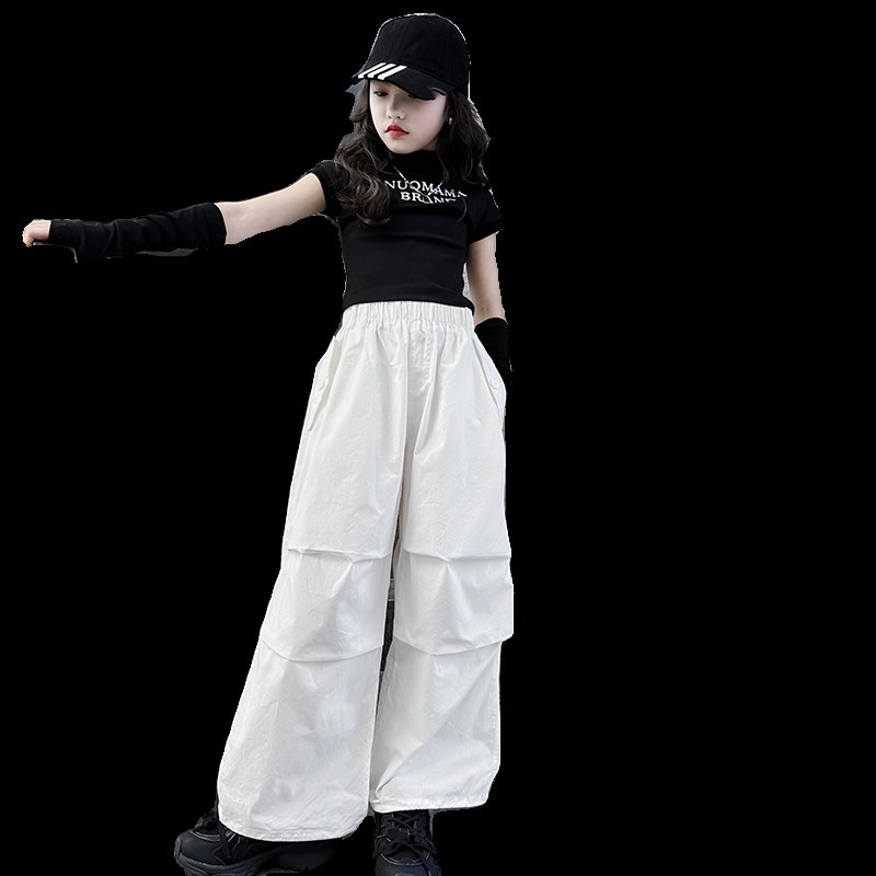 儿童夏季短款短袖T恤爵士舞嘻哈街舞服女童hiphop表演甜酷阔腿裤