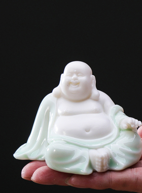 精品陶瓷招财弥勒佛羊脂玉大肚笑佛客厅玄关车载家居装饰禅意摆件