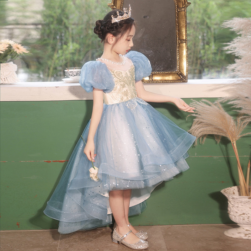 女童礼服前短後长高端儿童主持人演出服花童婚礼小女孩公主裙蓝色