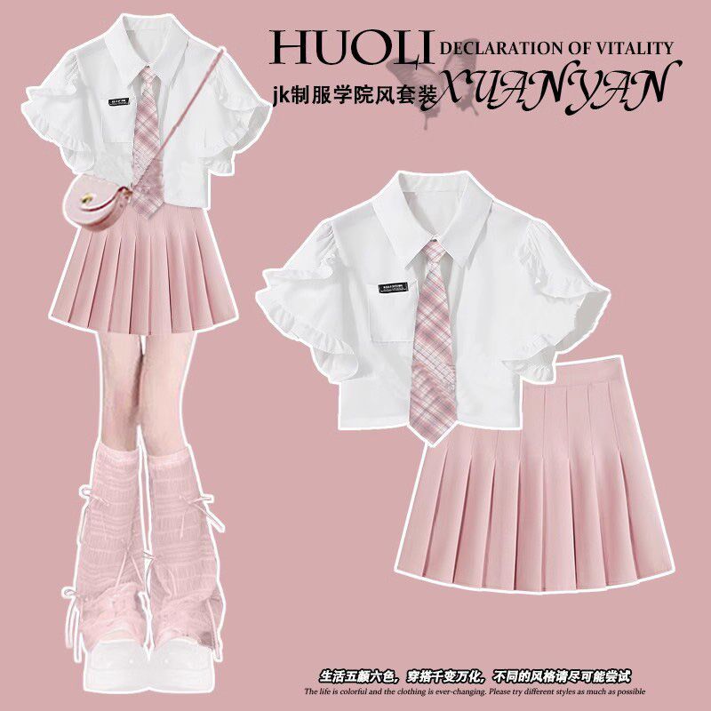 女童夏装jk裙套装2025新款12岁13中大童5学生洋气短袖t恤小个子潮