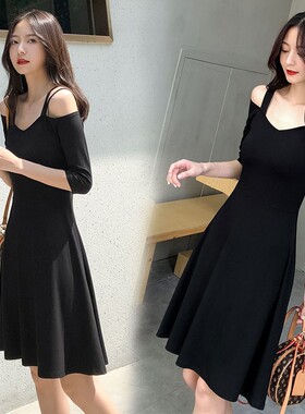 春夏2021新款黑色吊带复古露肩V领连衣裙 法式收腰显瘦气质打底裙