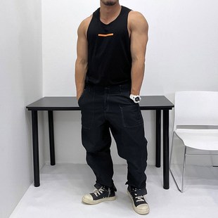 微廓形宽松时髦 T恤肌肉男显身材健身海滩 荧光撞色纯棉背心无袖