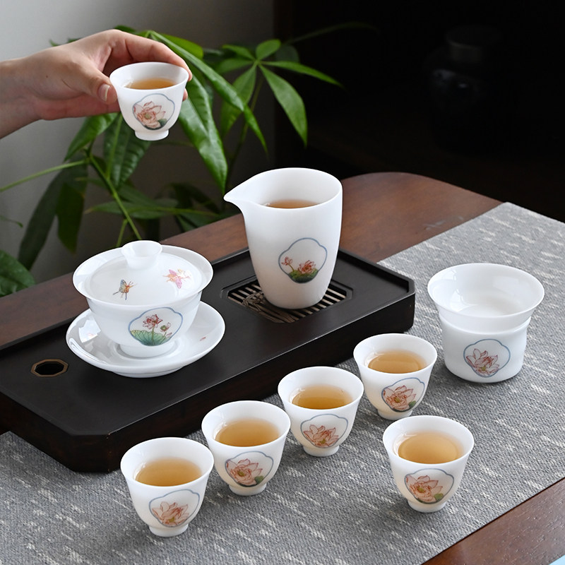 清荷雅韵茶具套装冰种玉瓷手绘