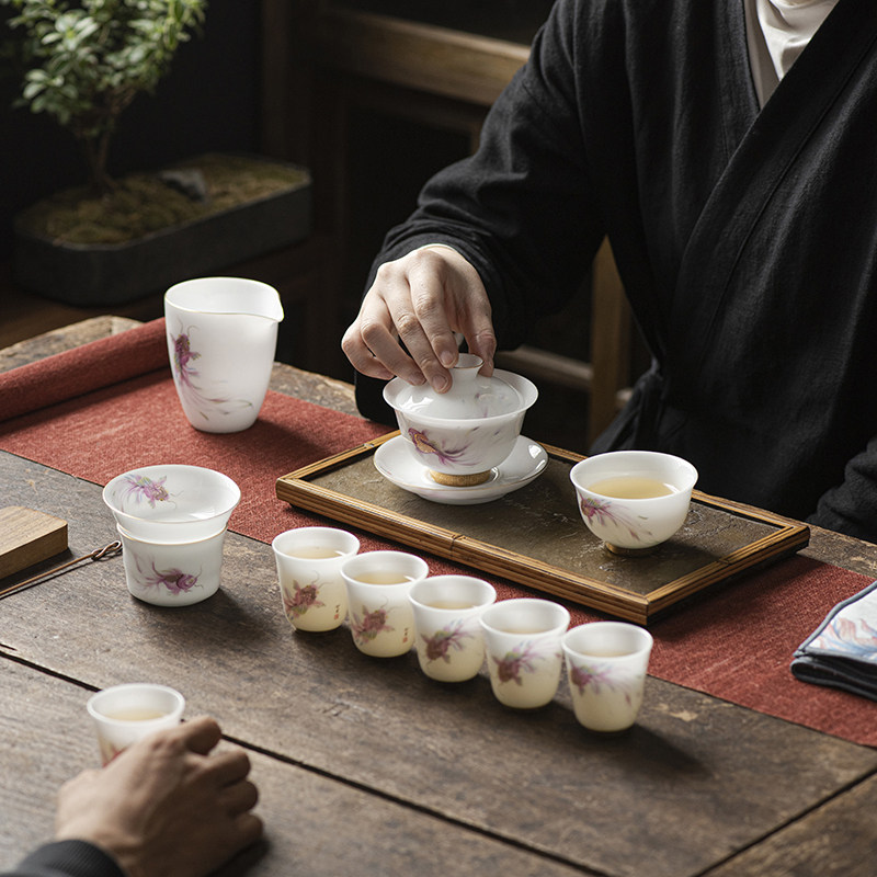 如鱼得水茶具套装冰种玉瓷堆花