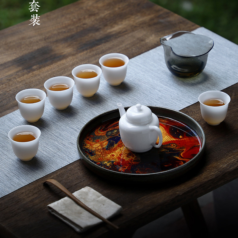 莹玉福禄茶具套装冰种玉瓷霜白