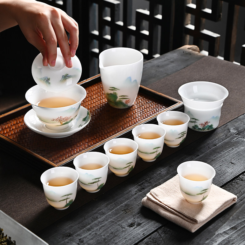 千里江山手绘茶具套装冰种玉瓷