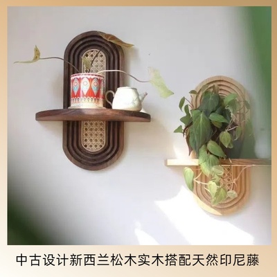 中古壁挂固定墙面置物架民宿卧室客厅背景墙上木框编织花架盆景架