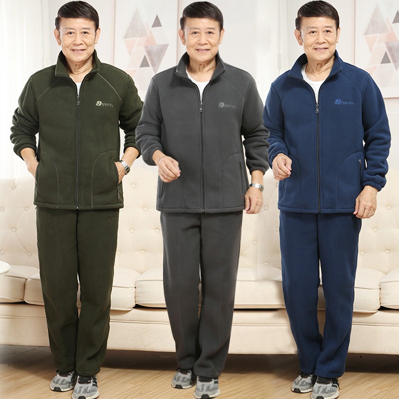 中老年男士春秋季外套摇粒绒套装C加绒加厚宽松大码爸爸卫衣爷爷