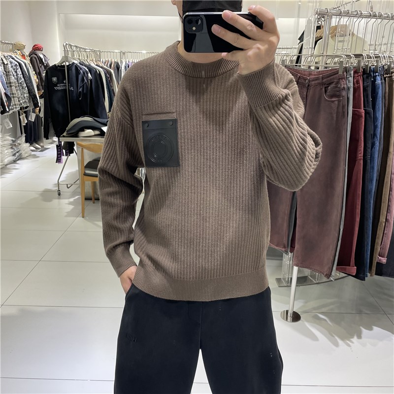 潮流时尚男士宽松贴标纯色粗线针织毛F衣冬季新款休闲百搭保暖线