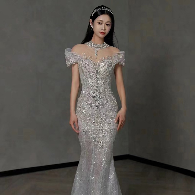韩式鱼尾b婚纱2024新款新娘结婚礼服女重工奢华一字肩鱼尾礼服包