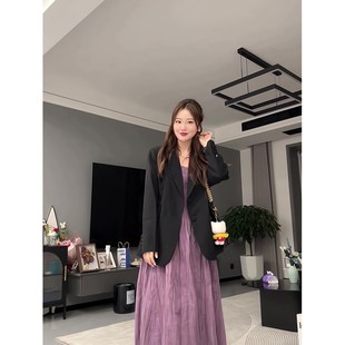 长袖 胖mm秋装 洋装 大尺码 压褶吊带两件式 西装 搭配p一整套法式 外套