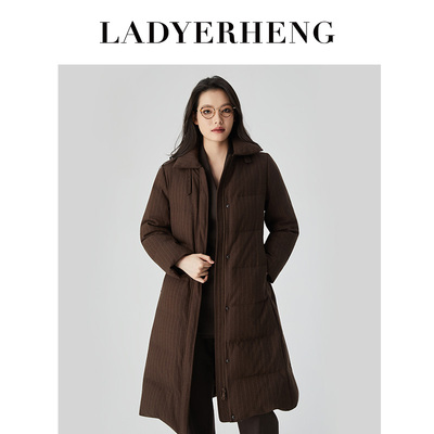 LADYERHENG25冬新品女装90鸭绒复古H型中长款立领修身外套羽绒服