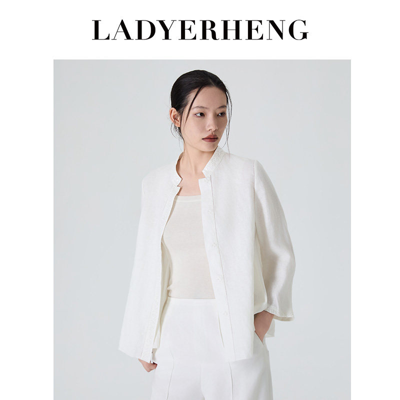 LADYERHENG26新品女装亚麻索贝白色设计感小众初春薄上衣衬衫