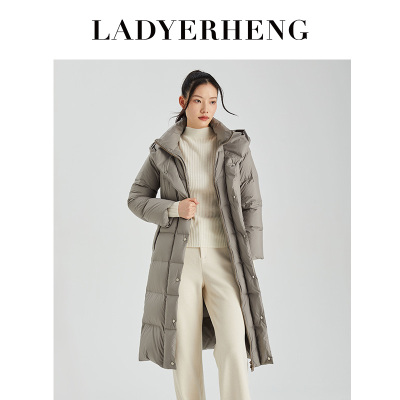 LADYERHENG冬季女装90鸭绒鸽子灰色中长款时尚连帽轻量外套羽绒服