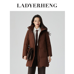 LADYERHENG25冬新品女装鸭绒红棕色中长款翻领通勤外套羽绒服