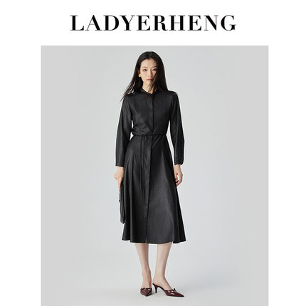 LADYERHENG春夏女装黑色小立领长袖高贵气质修身连衣裙