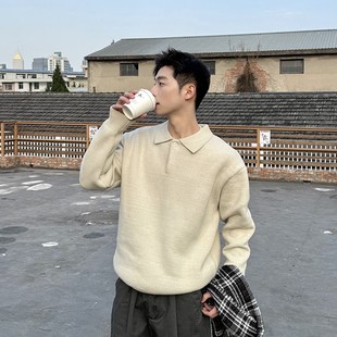 宽松慵懒风套 纯色翻领毛衣针织打l底衫 男秋冬季 2024新款 休闲长袖