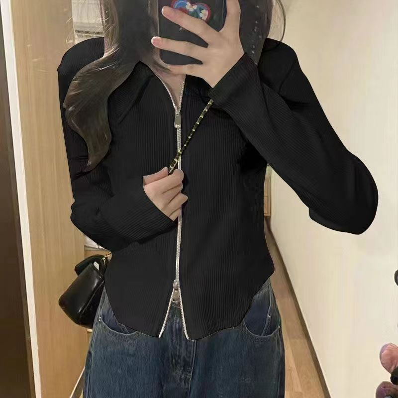 春秋季新款设计感拉链辣妹T恤女2025年Polo领修身气质长袖上衣潮