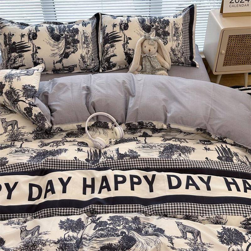 K15时尚潮流水墨画水洗棉四件套单双人被套床单学生宿舍被单三件